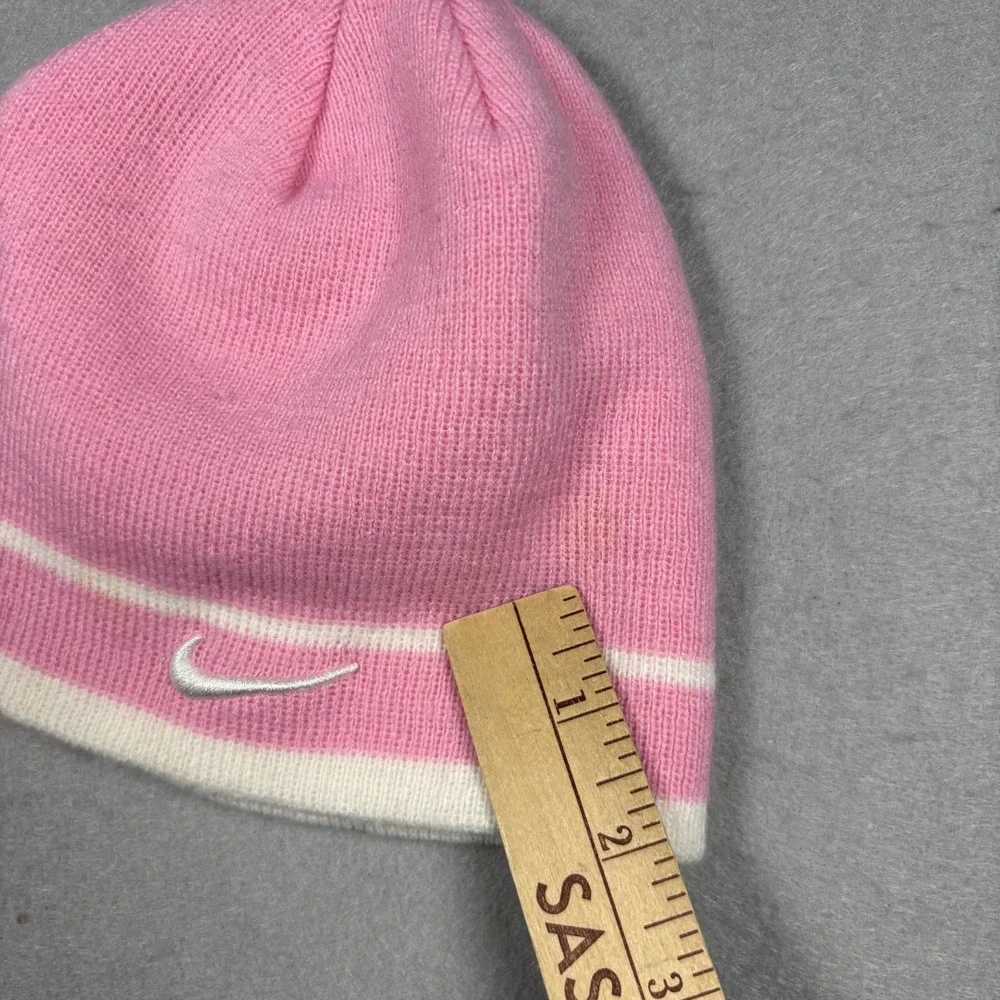 Vintage Nike Girls Beanie Pink White Striped Swoosh Knit Winter Hat Youth OS Y2K